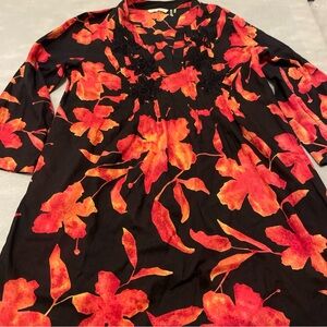 Soft Surroundings Red Black Hibiscus Floral Tunic Shirt Small Embroidered Cotton
